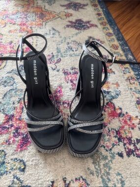 Madden Girl Black Rhinestone Platform Ankle-Strap Sandals